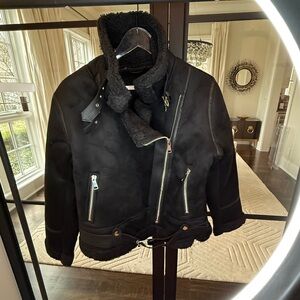 Zara black faux shearling moto jacket. Exc Cond